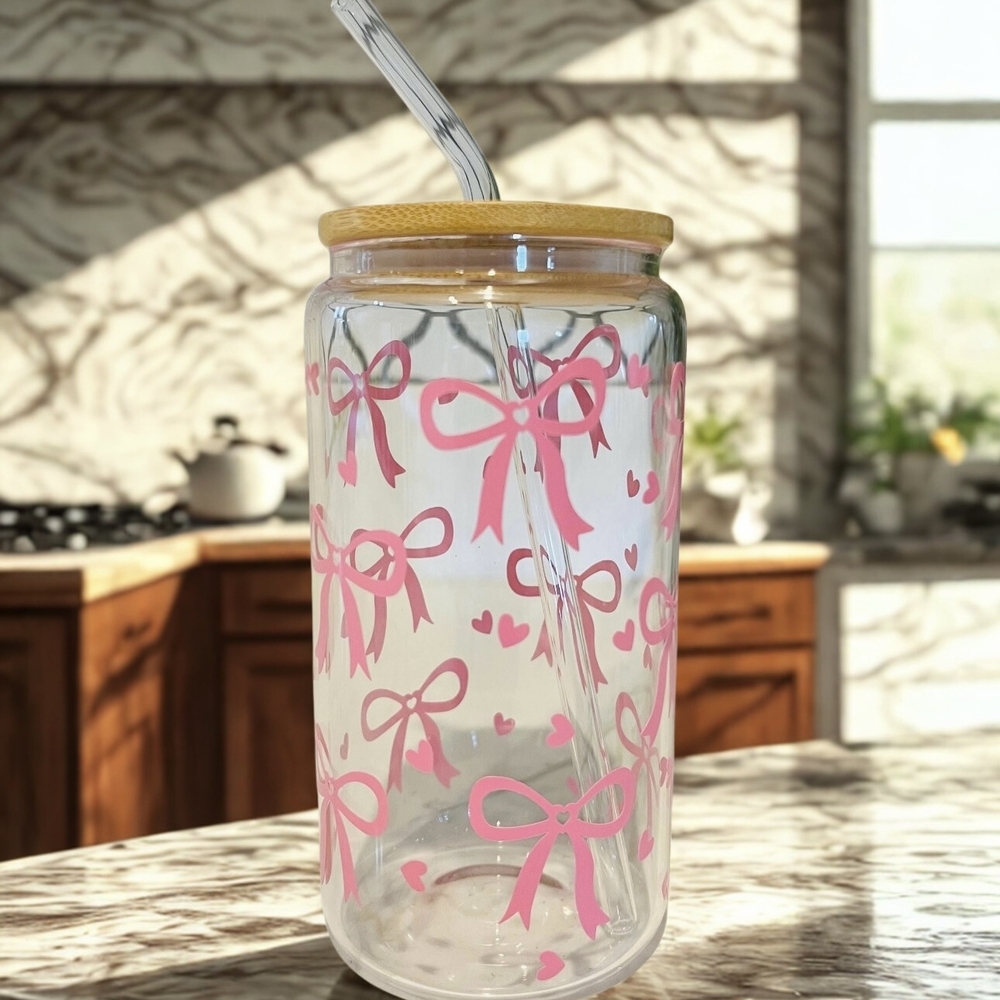 Pink Bow Glass Tumbler with Straw